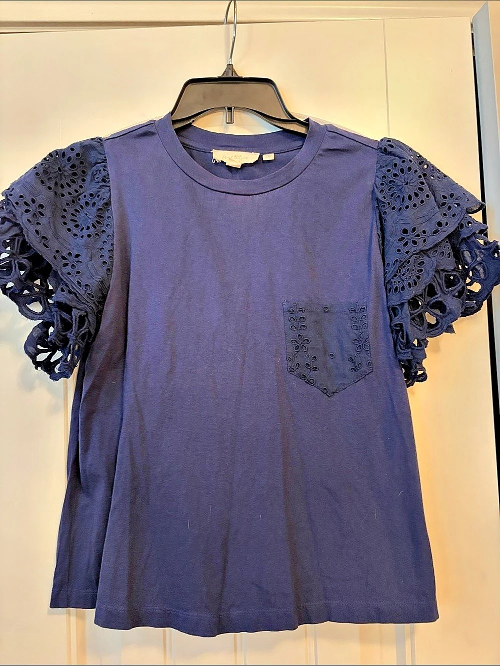 Forever that Girl Anthropologie Eyelet Lace Sleeve Tee in Blue Size Small